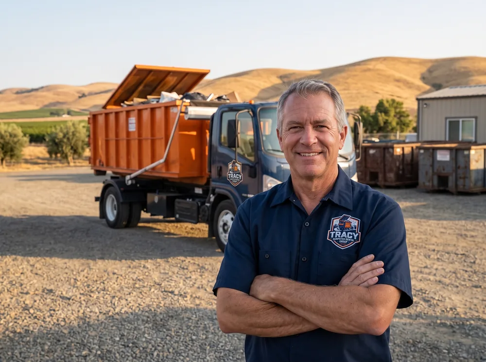 Marcus Reed, founder of Tracy Dumpster Rental Group, standing in front of a roll-off truck