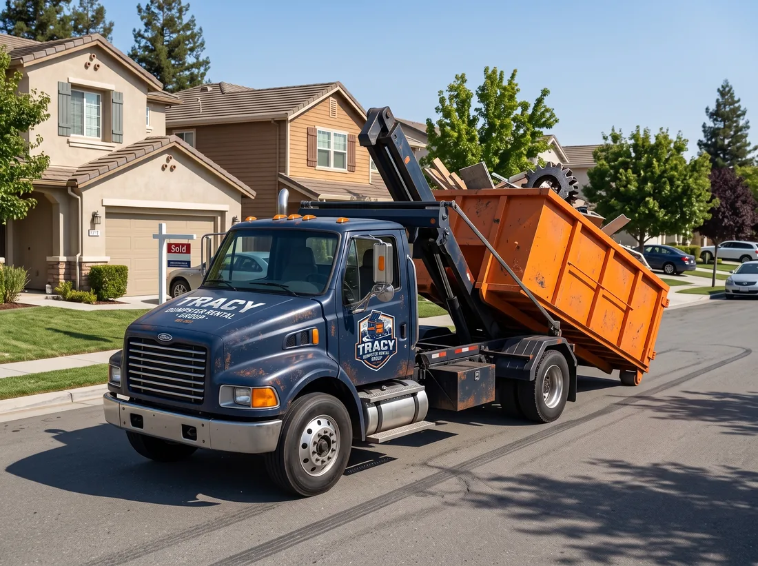 Roll-off truck making a same-day dumpster delivery in Tracy, CA