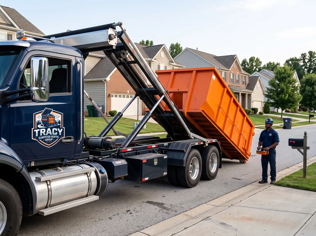 Roll-off truck placing a dumpster in a Tracy, CA neighborhood